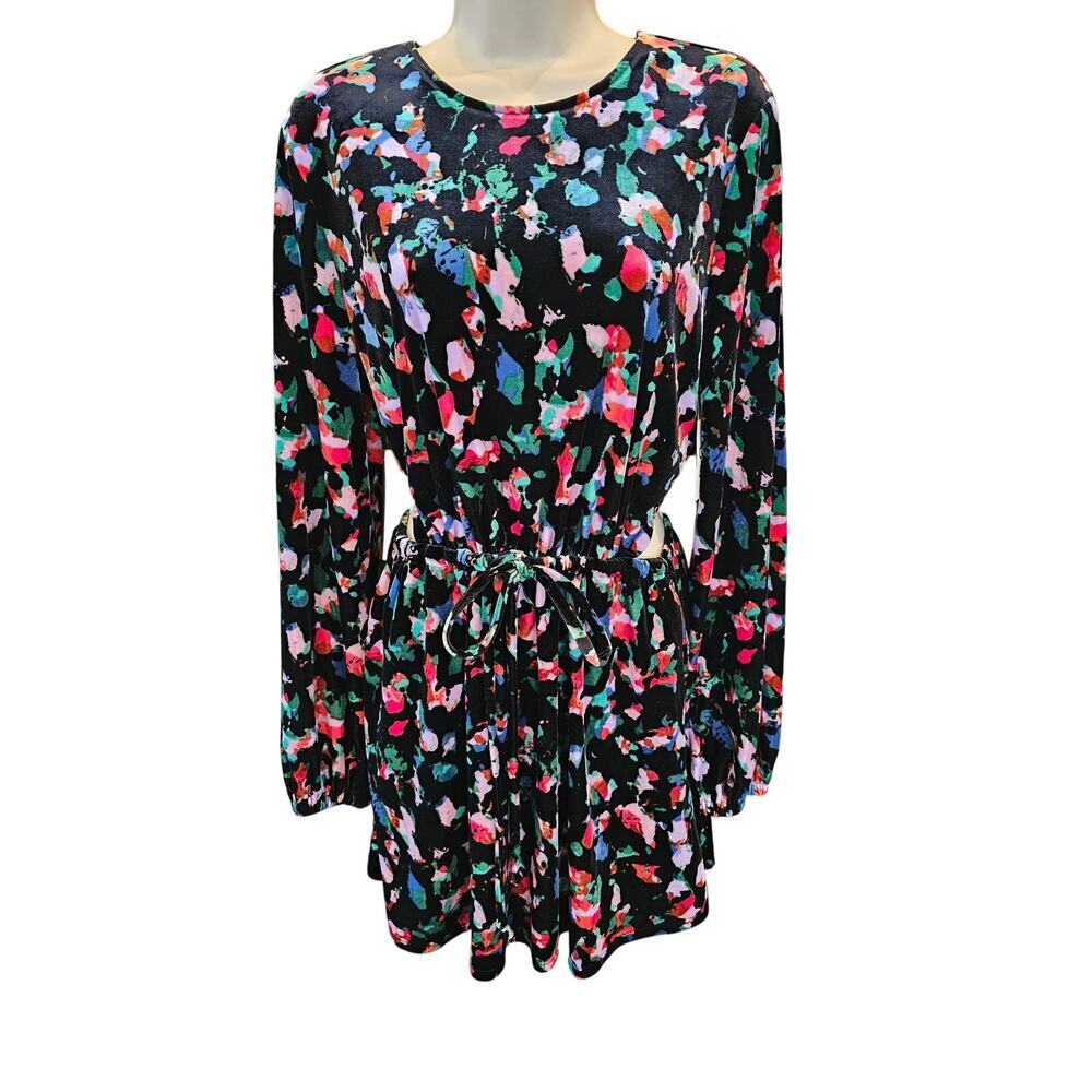 NWT open edit velour black pink floral mini dress with pockets cut out back M